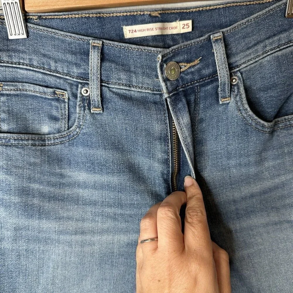 Levis Jeans Womens 724 High Rise Straight Crop Blue Stretch Denim Distressed 25‎